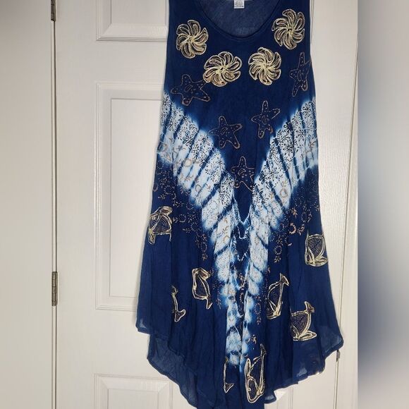 Jessica Taylor One Size Navy Blue Sea Print Slvless Embroidered MidiBeach Dress - Picture 5 of 9